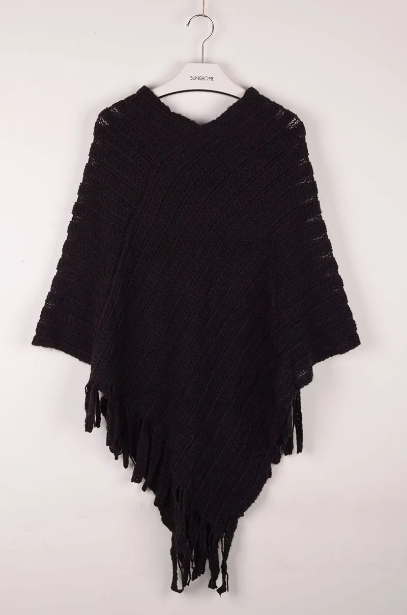 Женская накидка пончо с бахромой свободные свитера рукавом летучая мышь вязаный