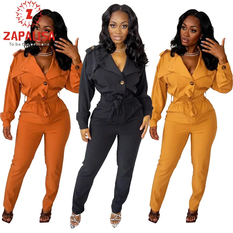 

Solid Color Jumpsuits for Women Patchwork Design Belt Button Decor Turn-down Collar Long Sleeve High Waist Casual Jumpsuits