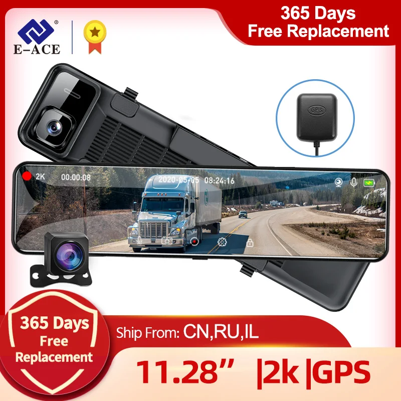 

E-ACE 2K Car Dash Camera Streaming Media DVR Mirror 11.28 Inch Touch Driving Recorder Night Vision Dashcam GPS 1080P Rear Camera
