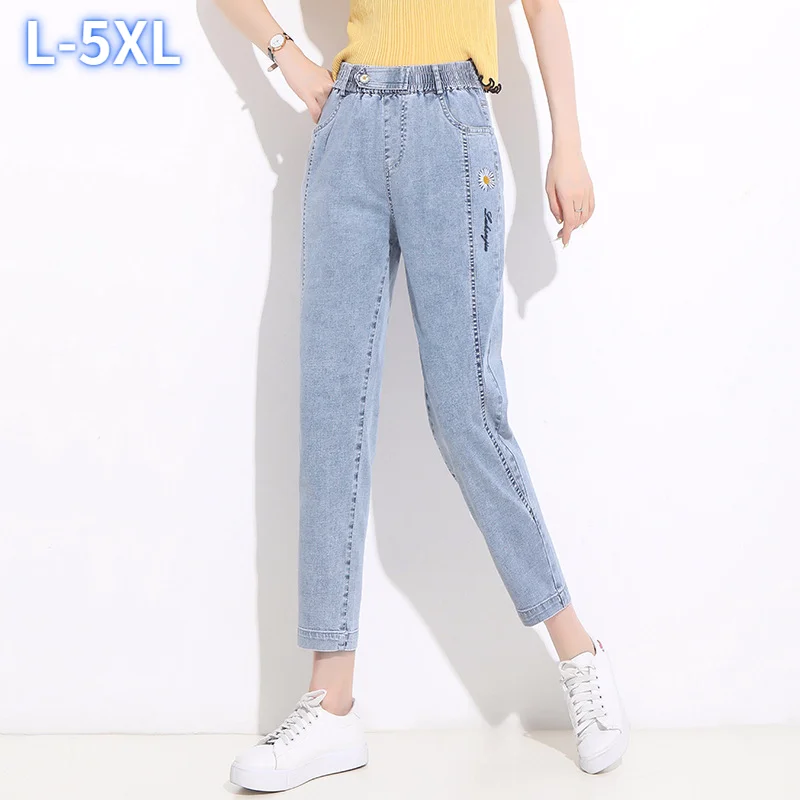 

Летние тонкие женские джинсовые шаровары из денима, женские демисезонные новые старые брюки с маргаритками, приталенные дамские повседнев...