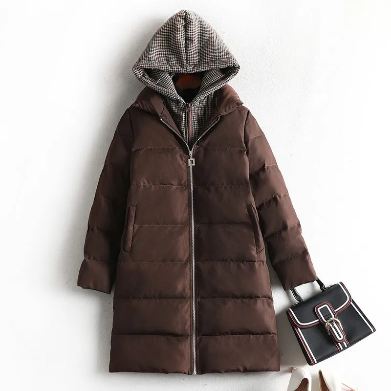 

Xl-5Xl Plus Size Plus Size Women Cotton Padded Jacket Thinner Fake Two Parkas Mid Length Hood Winter Clothes New Grid Brown 2021