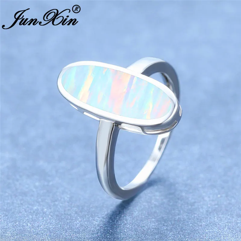 Female Male Big Oval Blue White Fire Opal Ring Silver Color Rainbow Stone Wedding Engagement Band Minimalist Jewelry | Украшения и