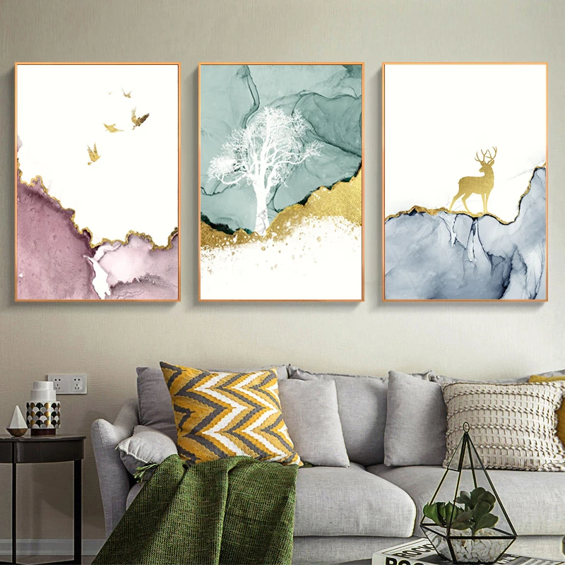 

Deer Tree Poster Marble Texture Nordic Abstract Print Wall Art Canvas Painting Minimalist Decorative Picture Modern Room Decor