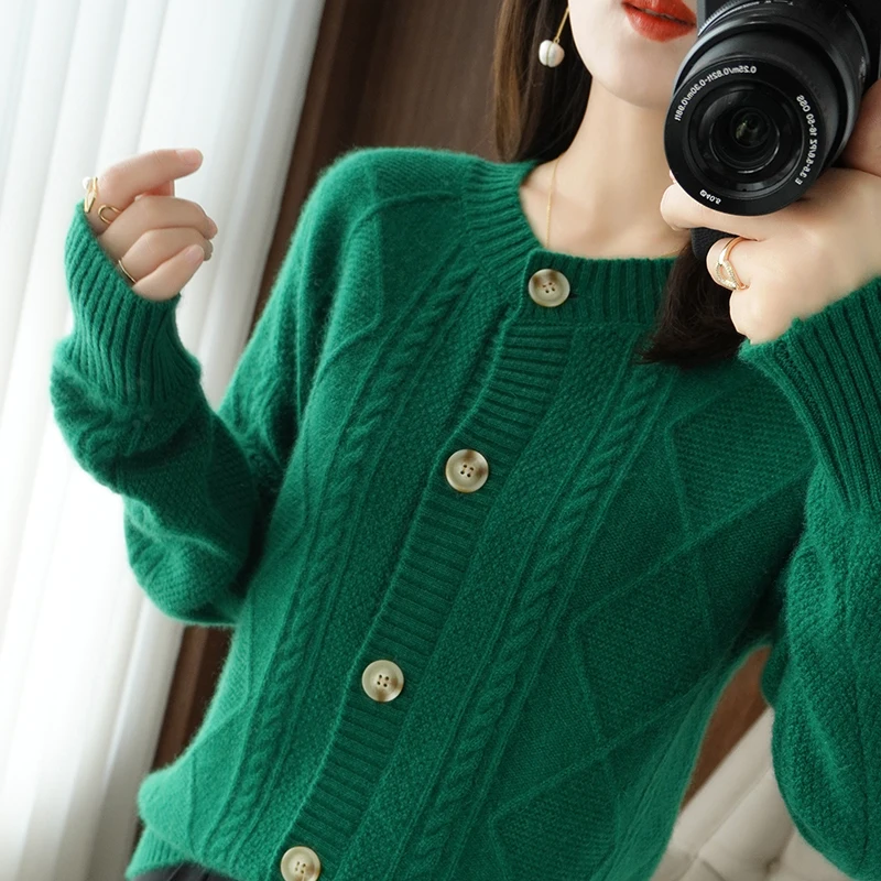 

BELIARST Spring and autumn models 100% pure wool cardigan women's round neck sweater slim-fit warm knitted jacket sweater