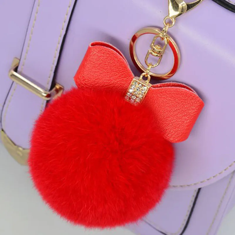 7 см меховой помпон брелок Стразы бант Настоящий мех кролика мяч сумка