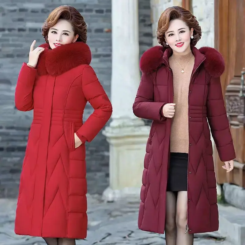 2021 New Women's X-Long Winter Big Pocket Hooded Windproof Down Jacket With Fur Collar Oversized Cotton Padded Coat s1348