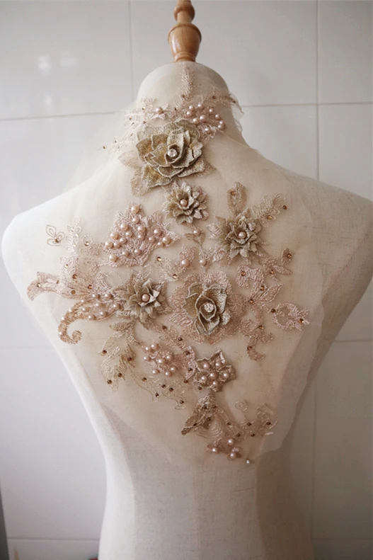 1 шт. Золотая 3D Кружевная аппликация из бисера золотистые вышитые кружевные