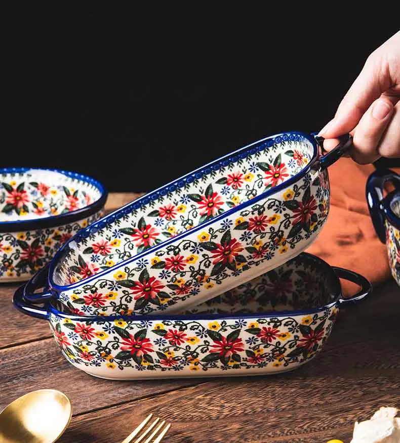 

Retro Ceramic Handle Salad Bowl Household Oven Breakfast Bake Pan Microwave Bohemia Binaural Soup Bowl In-glaze Tableware