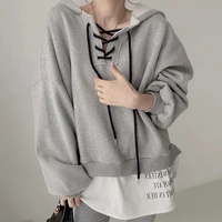 hoodie women autumn new loose long sleeve hooded drawstring pullover double layer patchwork print casual sweet female hoodies