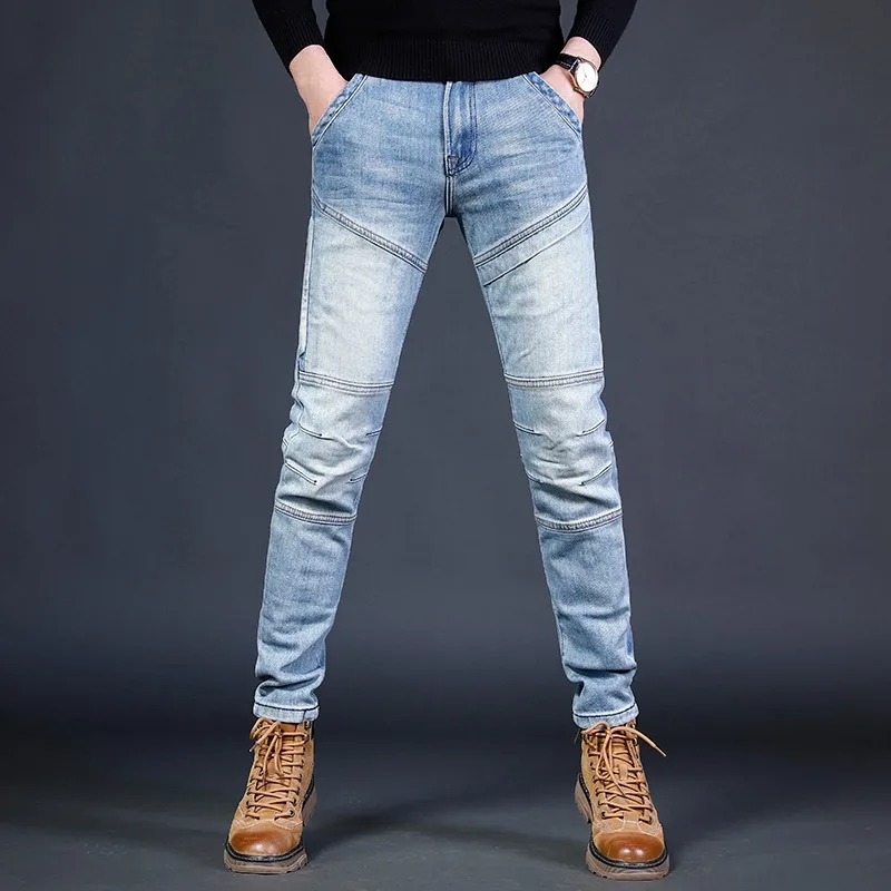 2022 New Fashion Blue Jeans Men Casual Slim Fit Pencil Pants Mens Patchwork Jean Streetwear Biker Denim Trousers