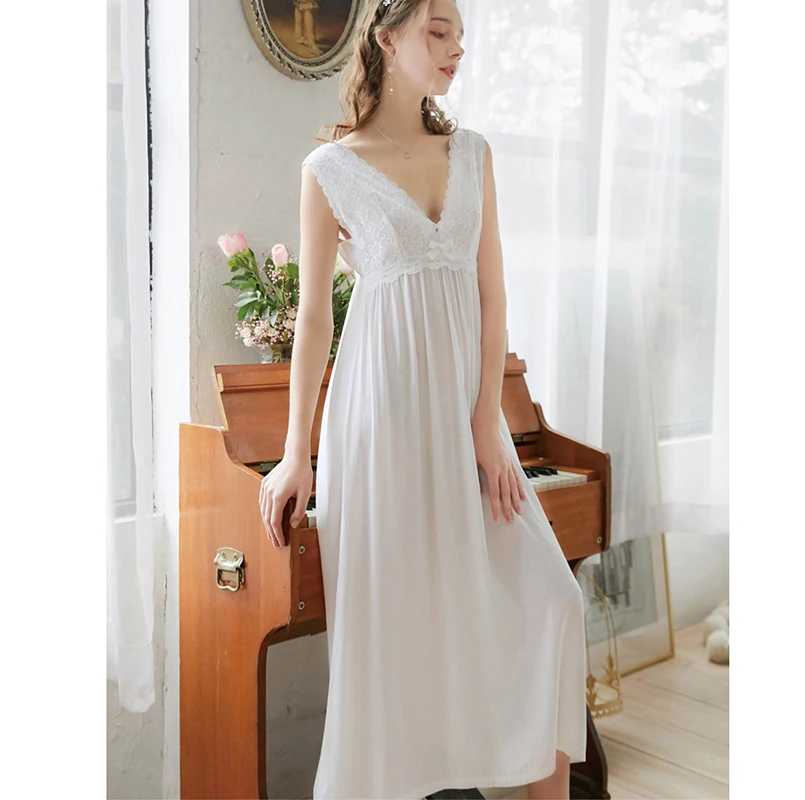 

Women lingerie nightgown retro sexy lace long nightdress v-neck cotton cotton nightgowns home clothing