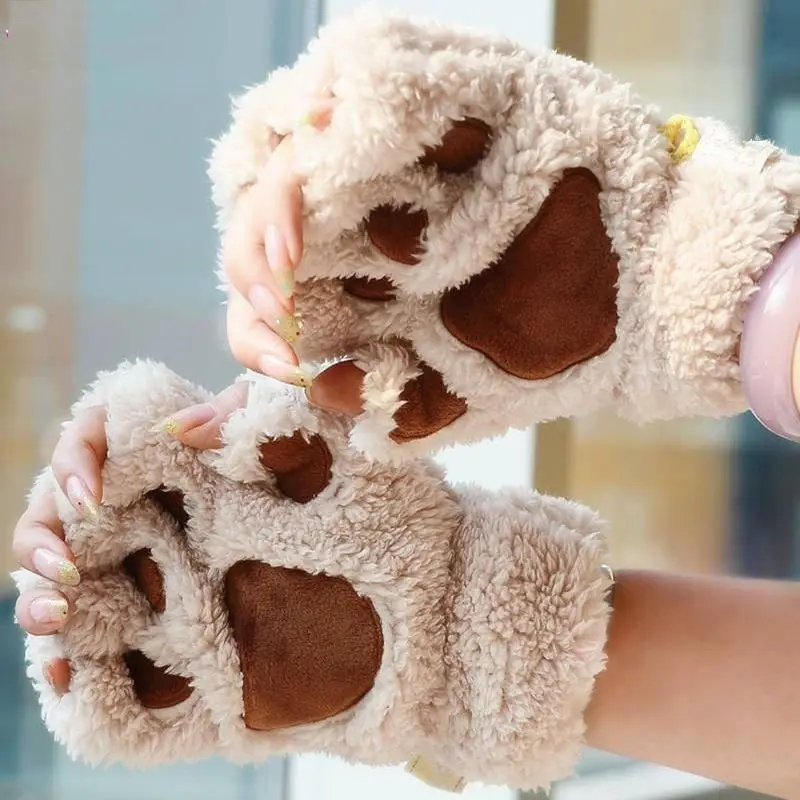 Women Cute Cat Claw Paw Plush Mittens Warm Soft Short Fingerless Fluffy Bear Gloves Costume Half Finger Black Beige | Аксессуары для