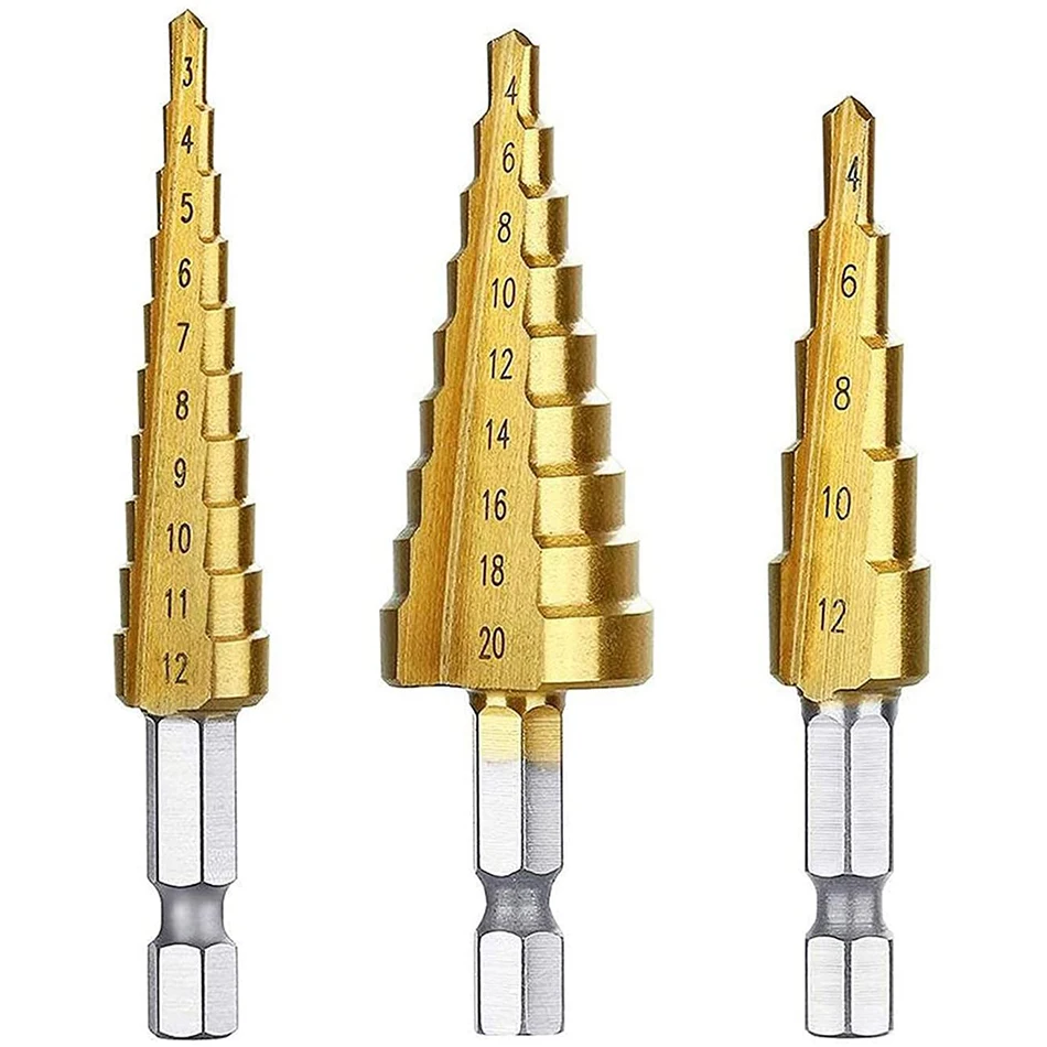 

GanWei 3PCS 3-12mm 4-12mm 4-20mm HSS Straight Groove Step Drill Bit Hexagonal Handle Titanium Coated Metal Core Drill Bit Set