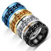 stylish blue spinner chain letters rings for men tire texture stainless steel rotatable links punk male anxiety release gifts