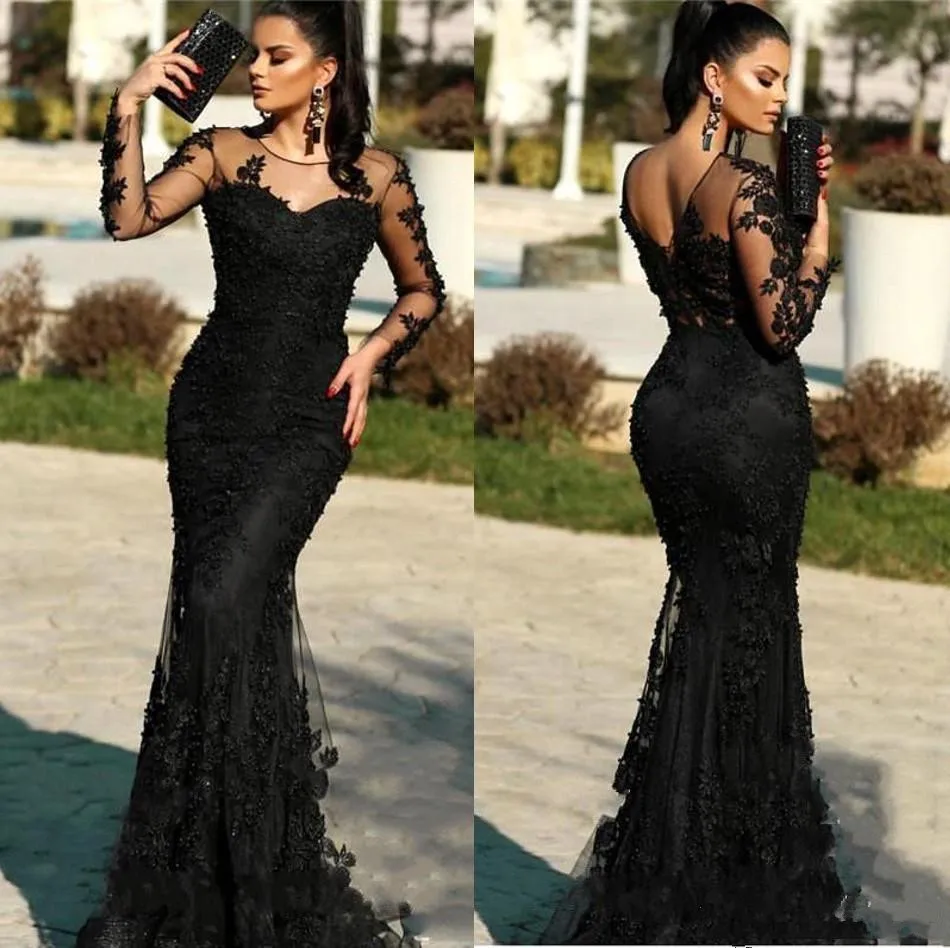 

Vintage Long Sleeves Lace Mermaid Evening Dresses 2020 prom dress with Beads Appliques Sweep Train Formal Prom Party Gowns
