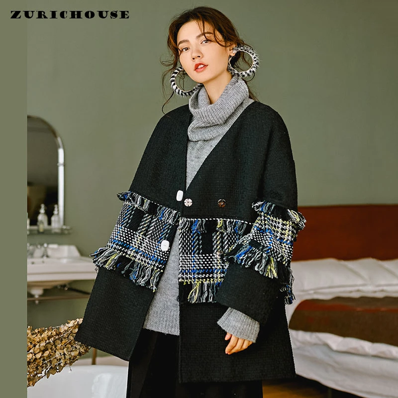 ZURICHOUSE осень Шерстяное пальто для женщин Длинные Элегантный тканый из твида с