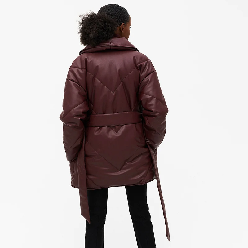 

2021 Winter Casual Tie Belt Parkas Women Fashion Loose PU Leather Coats Women Elegant Solid Zipper Cotton Jackets Female Ladies