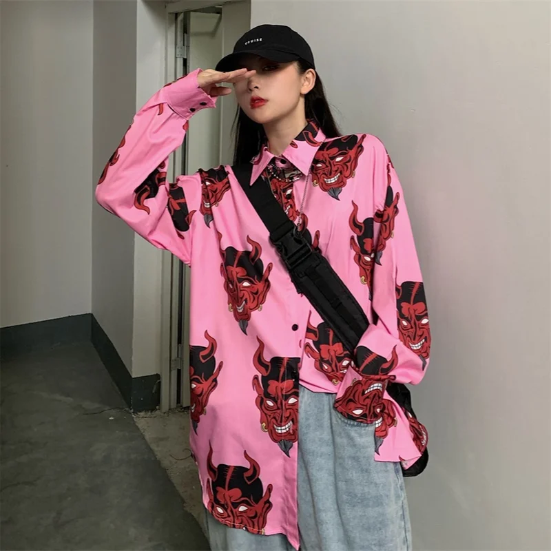 

KOSAHIKI Japanese Streetwear Loose Women Blouse Fashion Print Harajuku Casual Shirts Long Sleeve Vintage Blusa Mujer 2021 Summer