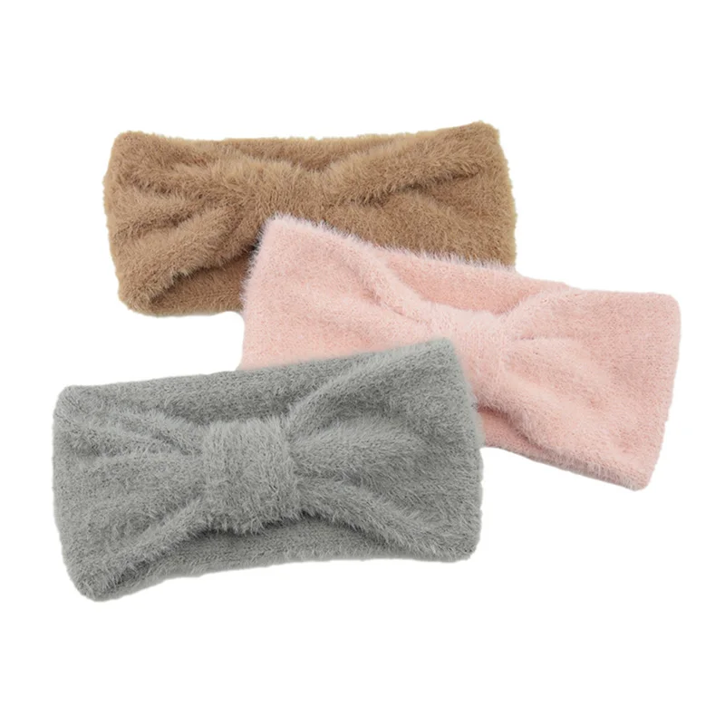 

Winter Plush Cross Mink Fur Headbands Turbans For Women Solid Warm Fluffy Bow Knot Hairbands Ear Warmer Ladies Hair Accessories