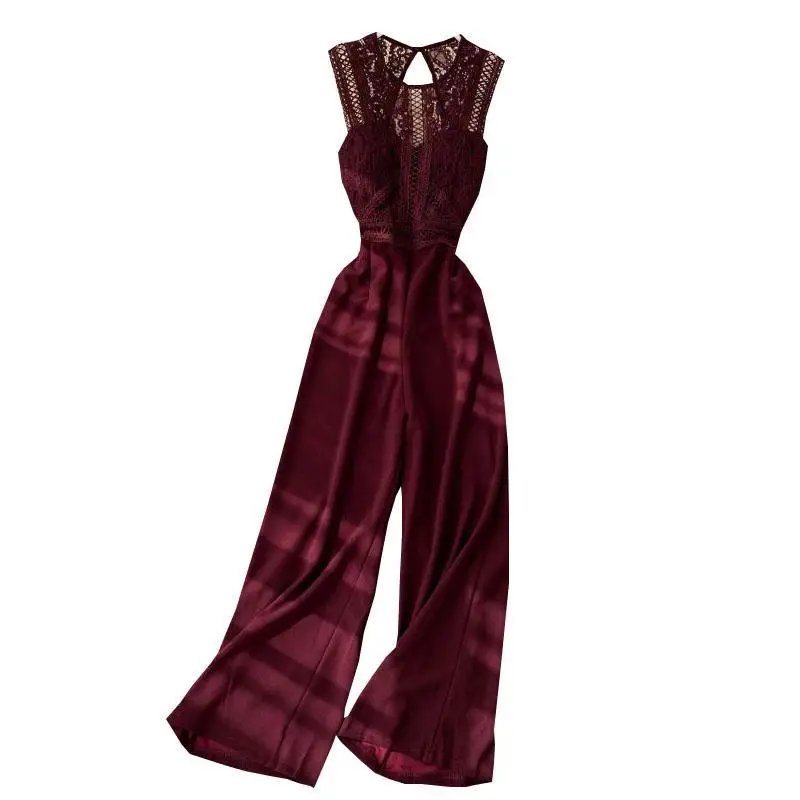 

Jumpsuits women trying to hollow out backless sleeveless lace spell receive show thin waist wide-legged pants