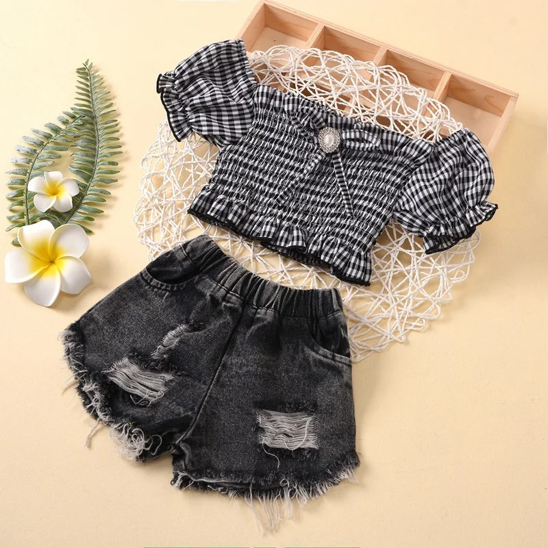 

Baby Girls Clothes Sets Short Sleeve Off Shoulder Plaid T-Shirts Tops Denim Shorts 2pcs For 2-9Y Summer Toddler Fashion Clothes