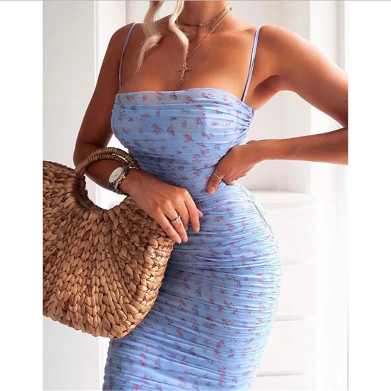 

Elegant Women Suspender Floral Ruched Bodycon Dress Party Evening Sleeveless Strapless Pleated Midi Dress for Summer