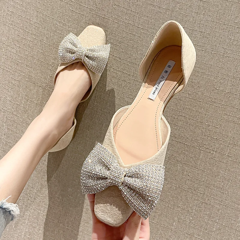 

Diamond bow female 2021 new flats square head fall flat loafers fairy breeze soft bottom single woman shoes