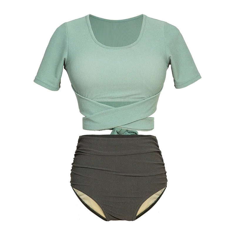 

Women'S Sexy Fashion Solid Short Sleeve Swimsuit Crossed Belt Swimwear Swimdress High Waist