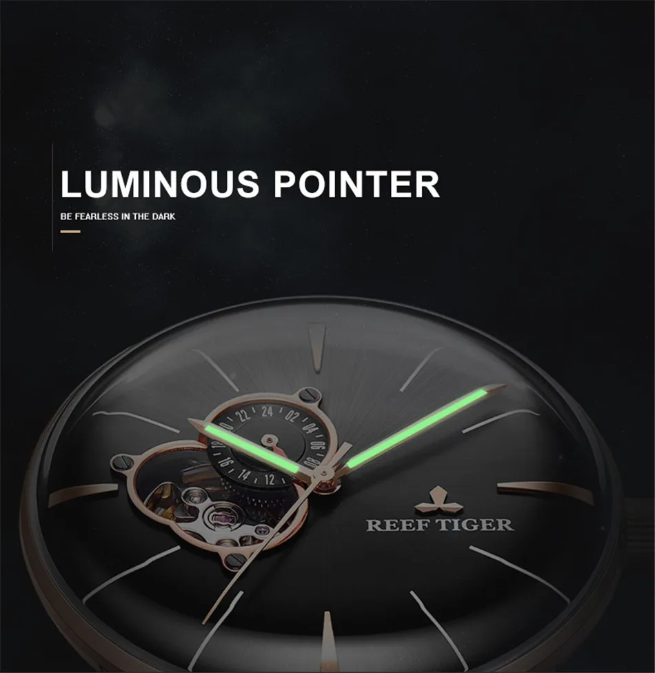 Reef Tiger бренд Tourbillon черный циферблат водонепроницаемые автоматические часы Топ Механические Роскошный кожаный ремешок мужские часы reloj hombre