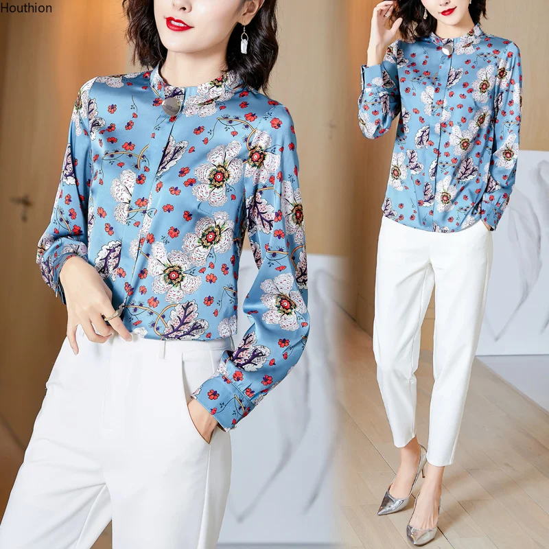 

Houthion New Top Long-sleeved Blouse Comfortable Shirt Fashion Satin Polo Collar Korean Tops Wire Leisure Blouses Summer
