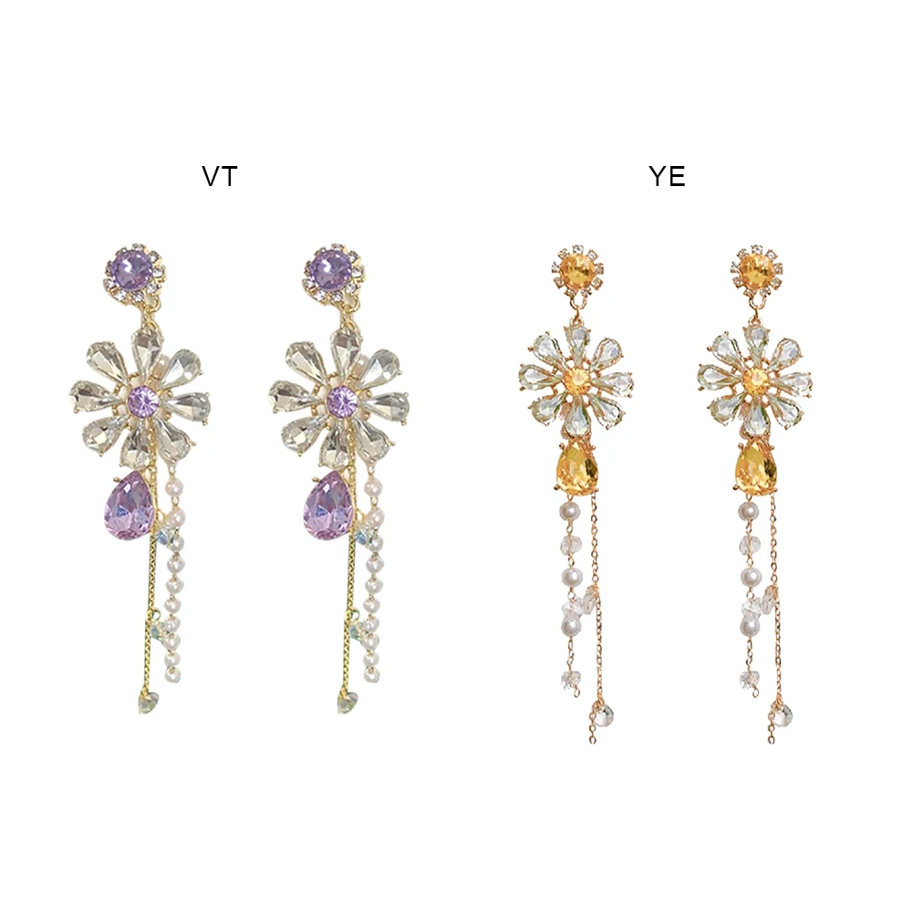 

Vitality fashion girl rhinestone flower earrings yellow amethyst long pearl tassel wild style earrings for women jewelry