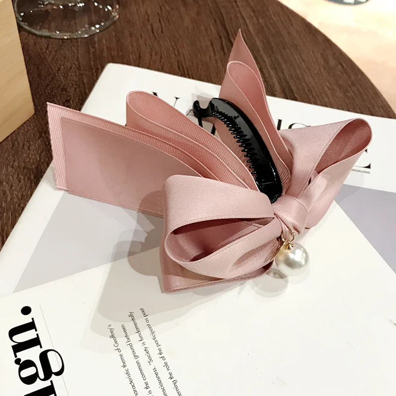 

2021 new ribbon bow imitation pearl banana clip cute pearl lace hair clip ladies fashion hair accessories