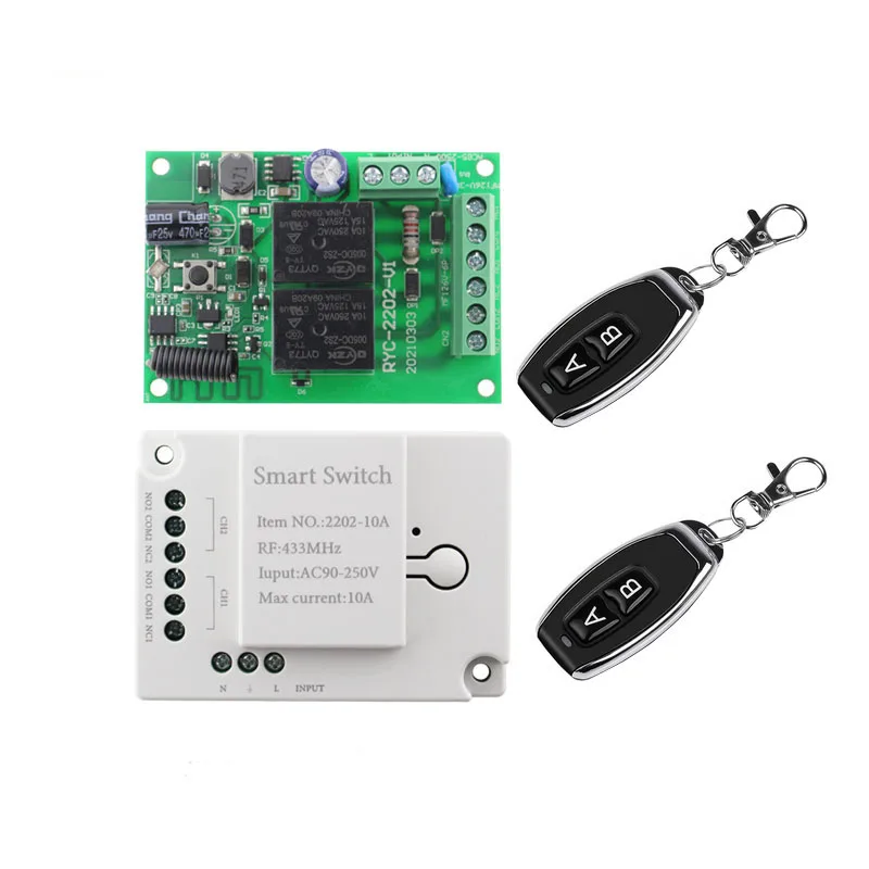 

433 MHz AC 110V 120V 220V Wireless 2CH RF Transmitter Remote Control Switch + Relay Receiver For Light Garage Door Opener