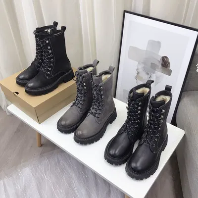 

Winter Lace-up Wool Women Short Martin Boots Flat British Style Plus Velvet Boots Designer Brand Botas De Invierno Para Mujer