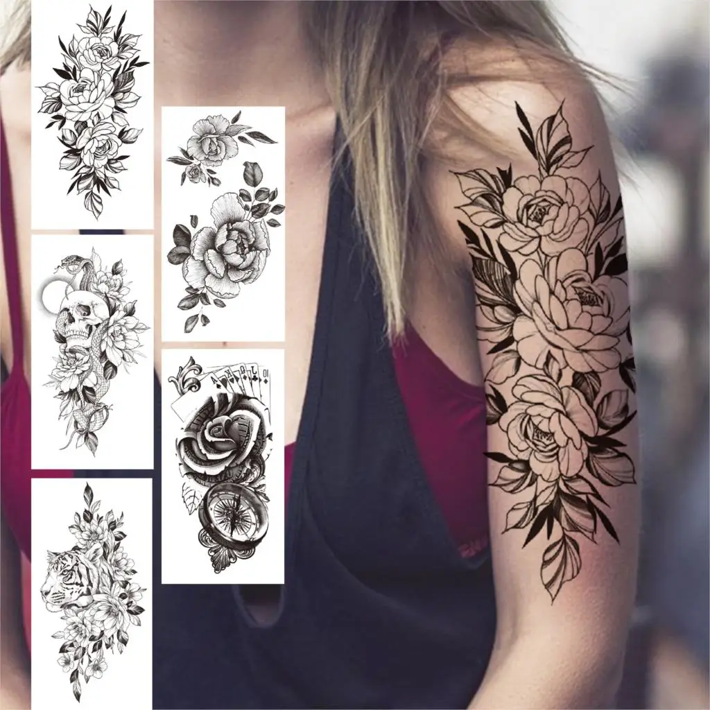 

Peony Rose Temporary Tattoos For Women Girls Fake Tiger Skull Half Sleeve Flower Tattoo Sticker Black 3D Compass Tatoos Sexy