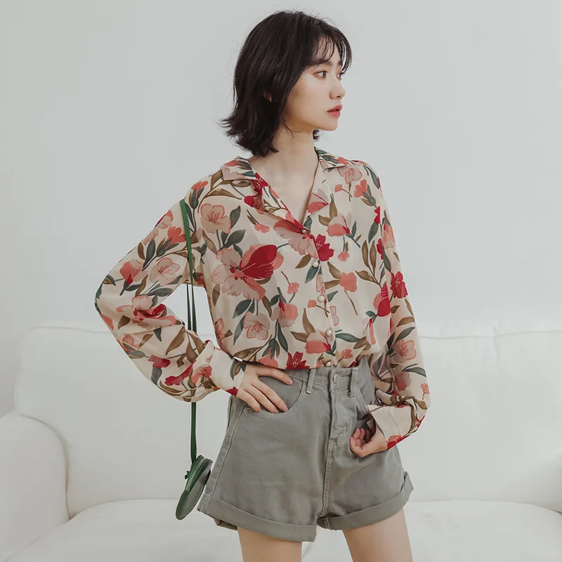 Новая женская цветочная шифоновая блузка рубашка Женская свободная с длинным