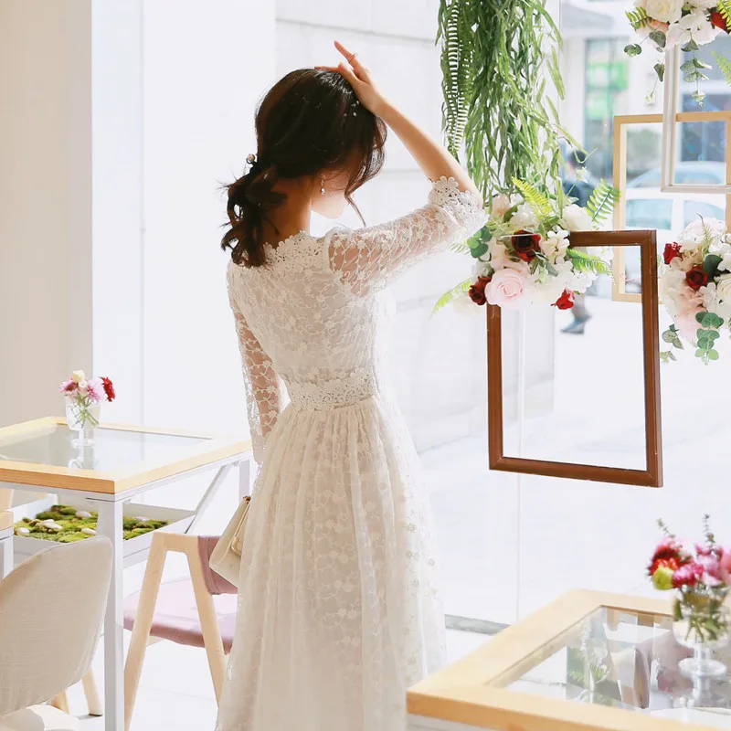 Высокое качество Новое Женское платье семь четверти рукав шифоновое Кружевное