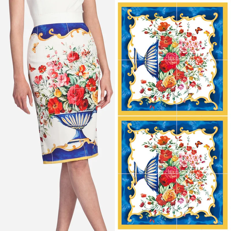 Винтажная ваза и цветочный принт 70x145 см, полиэфирная ткань для женщин, летняя и весенняя юбка, блузка, брюки, ткань «сделай сам» для шитья