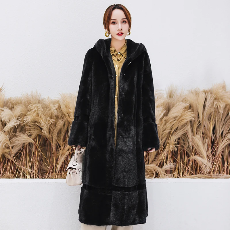 

Шуба Женская длинная из натурального меха норки, простая винтажная куртка, пальто с капюшоном для женщин, 2020