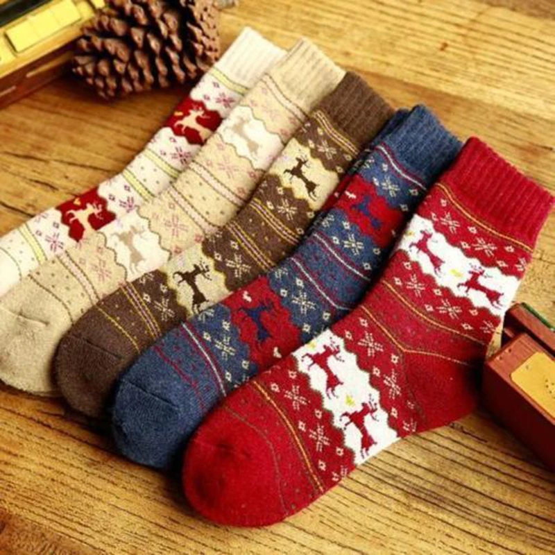 

Women Men Winter Warm Christmas Socks Snowflake Deer Wool Unisex Sock Xmas Gift