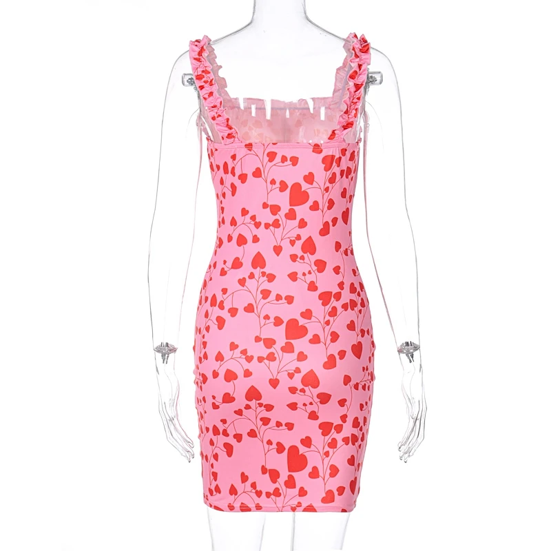 

S-L Sexy Women Bodycon Short Dress Fashion Heart Print Sleeveless Ladies Female Stylish Dress for Daily Wear