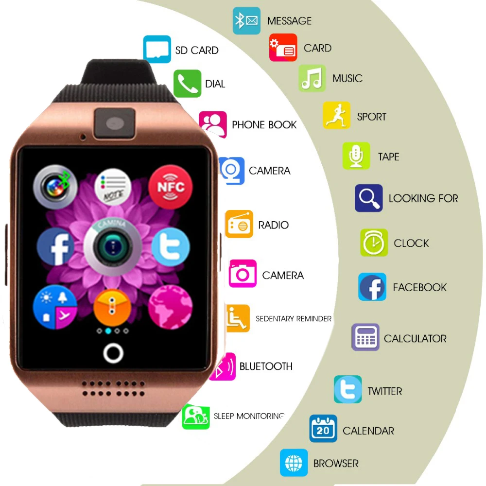 New Q18 Smart Watches With Sim Card Camera Men Women Wristwatch Bluetooth Connected Man Watch Facebook Twitter Whatsapp Sync