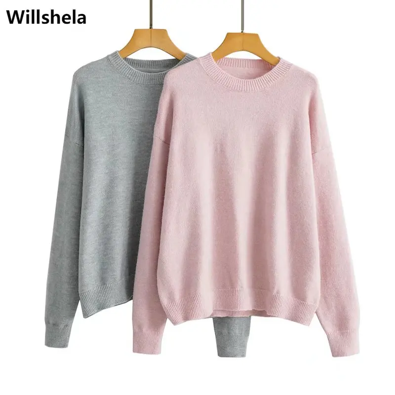 

Willshela Women Fashion Solid Knit Sweater Vintage Long Sleeves O-Neck Knitwear Casual Knitted sweaters Pullover Woman Tops