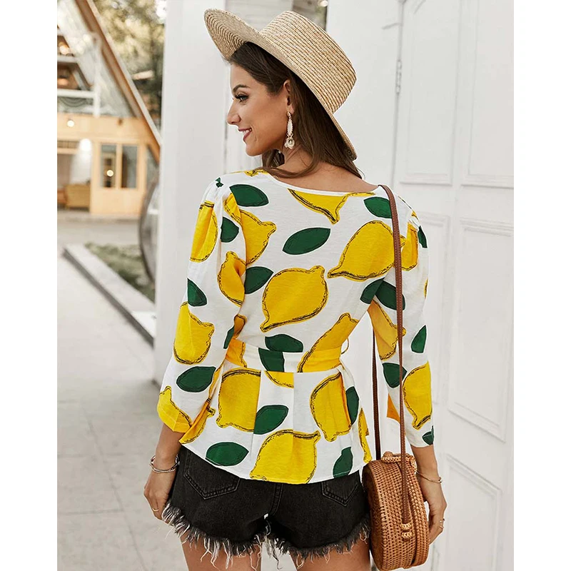 

Bohemian Lemon Printing Women Blouse Elegant V-Neck Three Quarter Sleeve Female OL Shirts With Belt W296
