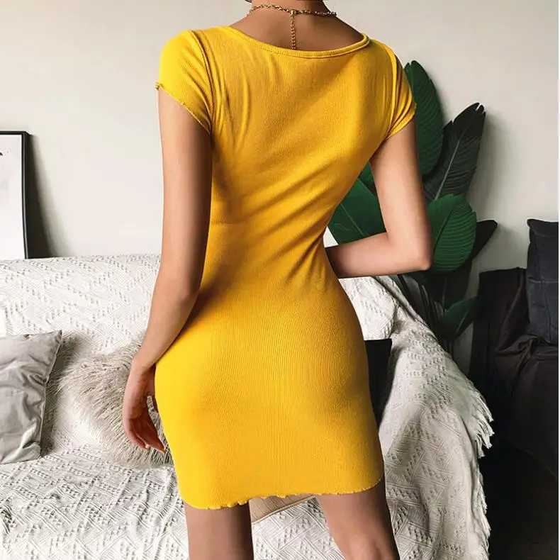 

Women Sexy Sheath Club Dress Short Sleeve Knit Soild Buttons Deep V-Neck Dress Summer Ladies Party Casual Mini Bodycon Vestidos