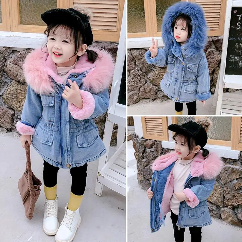 Winter Baby Girls Clothes 1-6Y Little Kids Nature Fur Denim Fleece Lining Hooded Toddler Outwear Children Thicken Warm Jacket | Детская
