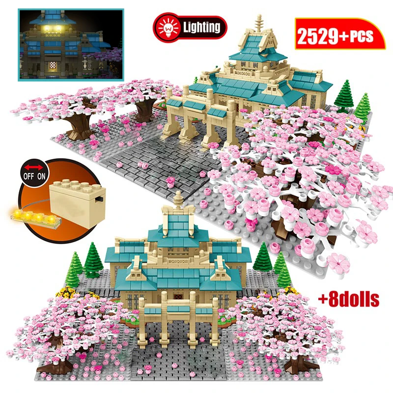 

2529PCS Cherry Blossom College Model Building Blocks City Street View Tree House Flower Architecture Bricks Toys For Girls Kids
