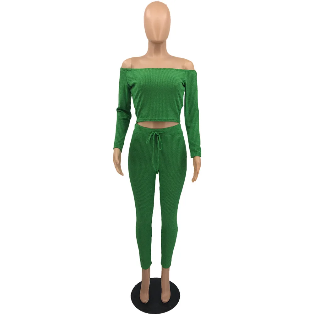 

Winter Women's set Knitted Slash Neck Top Leggings Pants suit Full Sleeve two piece set tracksuit outfits Club Sportswear autumn