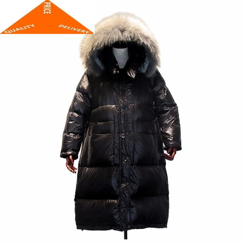 

Женское теплое длинное пальто на утином пуху, с капюшоном из меха енота, Корейская куртка, модель LW9269 на зиму 2020