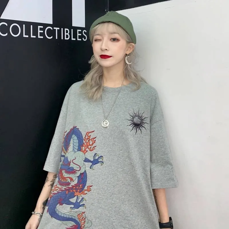 

Spring 2020 new Korean Harajuku retro loose shirt short-sleeved t-shirt O-neck Middle Sleeve Causal Tees women's clothing Tops